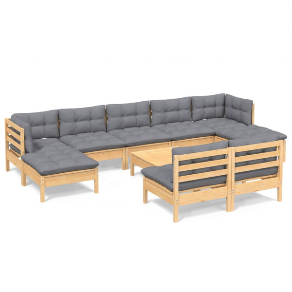 Juego de muebles de jardín 10 pzas y cojines madera pino gris M 2