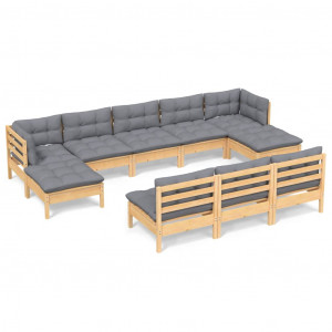 Juego de muebles de jardín 10 pzas y cojines madera pino gris H