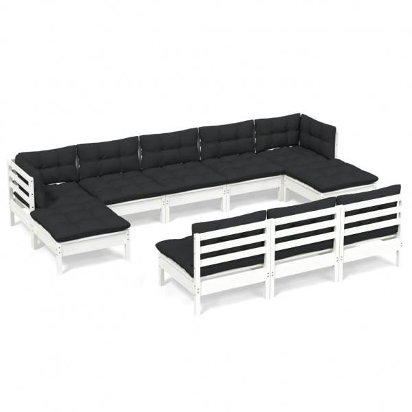10 pcs conjunto lounge de jardim c/ almofadões pinho branco M 2