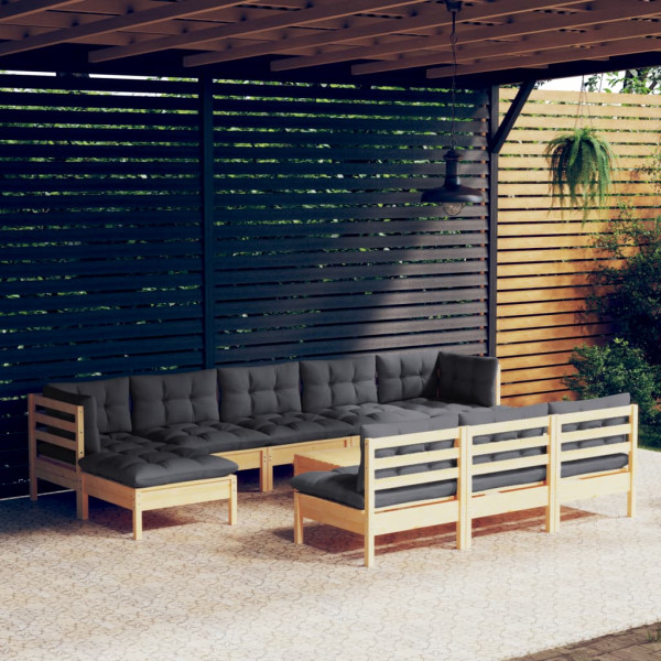 Juego de muebles de jardín 11 pzas y cojines madera pino gris D
