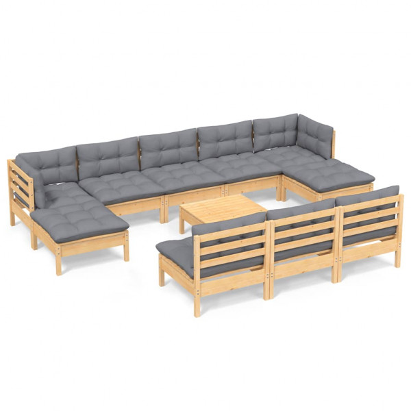 Juego de muebles de jardín 11 pzas y cojines madera pino gris M 2