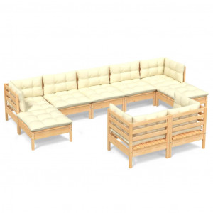 9 pcs conjunto lounge jardim c/ almofadões creme pinho maciço H