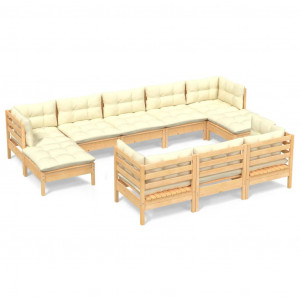 10 pcs conjunto lounge jardim c/ almofadões creme pinho maciço H