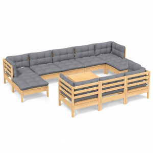 11pcs conjunto lounge de jardim + almofadões cinza pinho maciço H