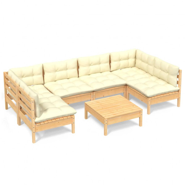 7 pcs conjunto lounge jardim c/ almofadões creme pinho maciço M 2