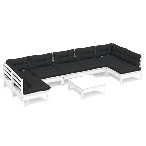 8 pcs conj. lounge de jardim c/ almofadões pinho maciço branco D