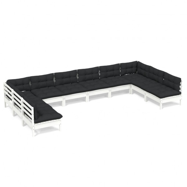 10 pcs conj. lounge de jardim c/ almofadões pinho maciço branco M 2