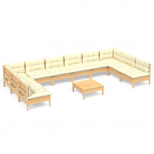 11 pcs conjunto lounge jardim c/ almofadões creme pinho maciço H