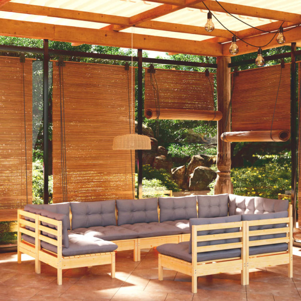 9 pcs conjunto lounge de jardim + almofadões cinza pinho maciço D