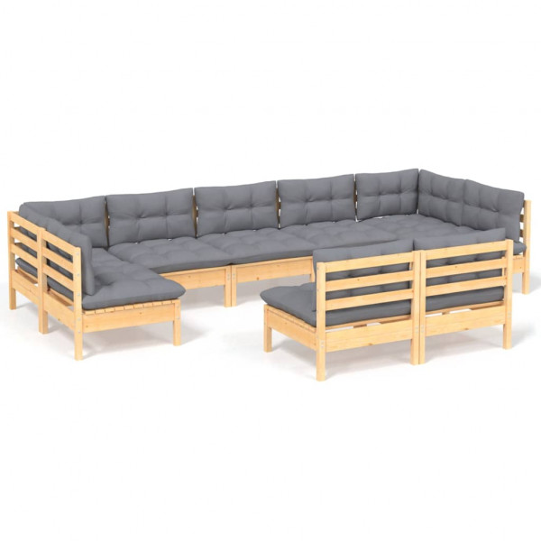 9 pcs conjunto lounge de jardim + almofadões cinza pinho maciço M 2