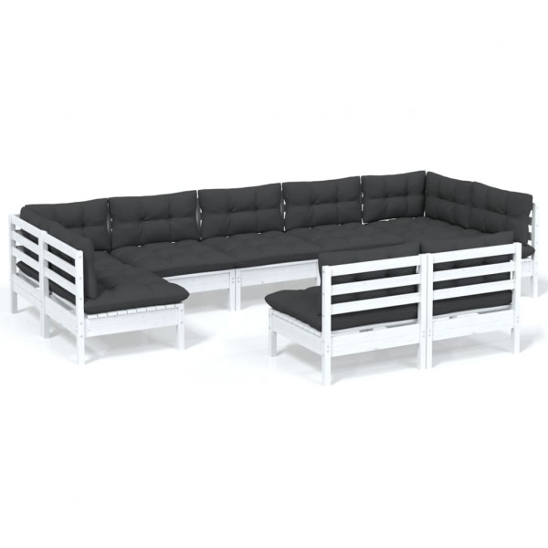 9 pcs conj. lounge de jardim c/ almofadões pinho maciço branco M 2