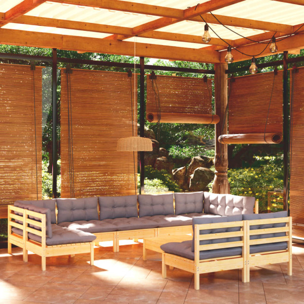 Juego de muebles de jardín 10 pzas y cojines madera maciza pino D