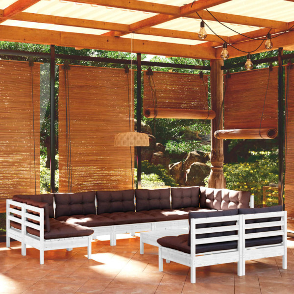 10 pcs conj. lounge de jardim c/ almofadões pinho maciço branco D