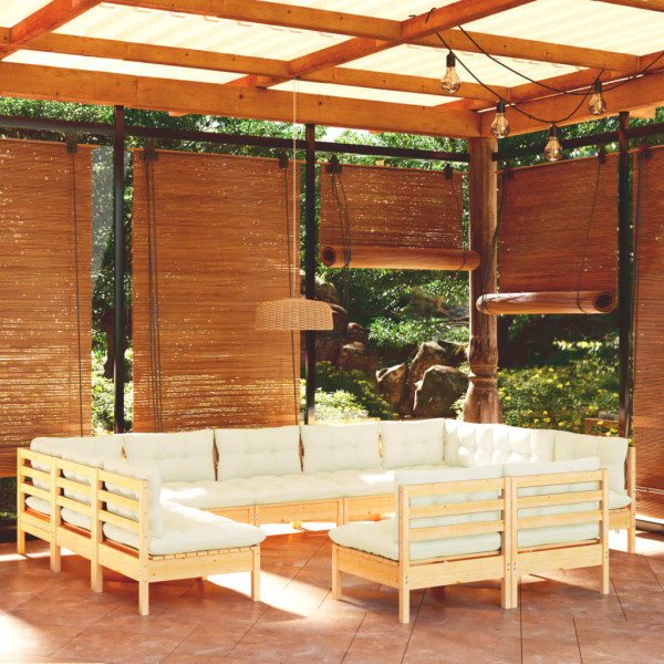 Muebles de jardín 11 pzas y cojines madera maciza de pino crema D