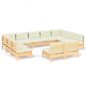 11 pcs conjunto lounge jardim c/ almofadões creme pinho maciço H