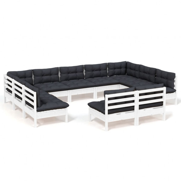 11 pcs conj. lounge de jardim c/ almofadões pinho maciço branco M 2