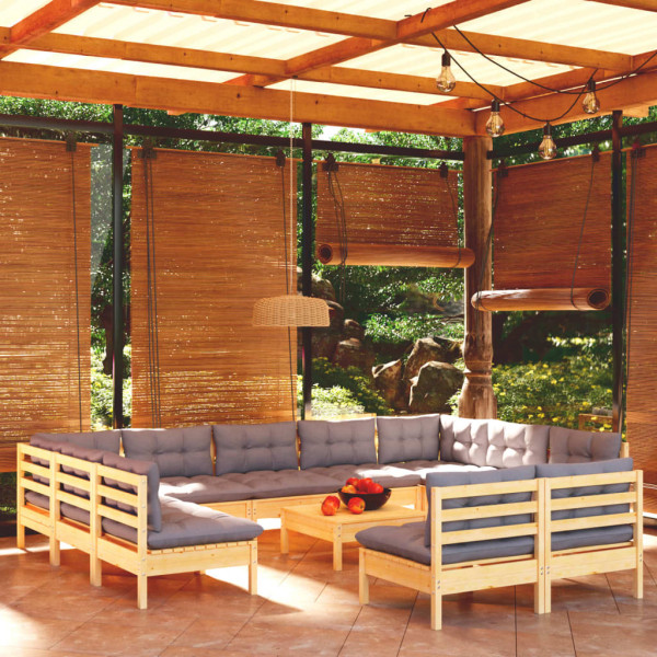 Muebles de jardín 12 pzas y cojines gris madera maciza de pino D