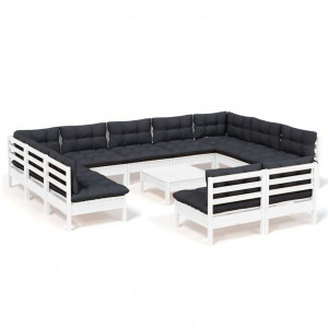 Muebles de jardín 12 pzas y cojines blanco madera maciza pino H