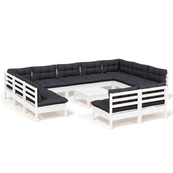 Muebles de jardín 12 pzas y cojines blanco madera maciza pino M 2