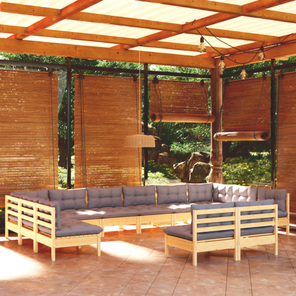 Muebles de jardín 12 pzas y cojines madera maciza de pino gris D