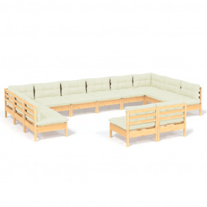 12 pcs conjunto lounge jardim c/ almofadões creme pinho maciço H