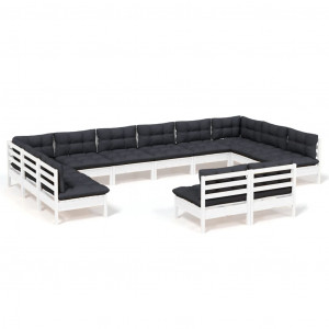 12 pcs conj. lounge de jardim c/ almofadões pinho maciço branco H