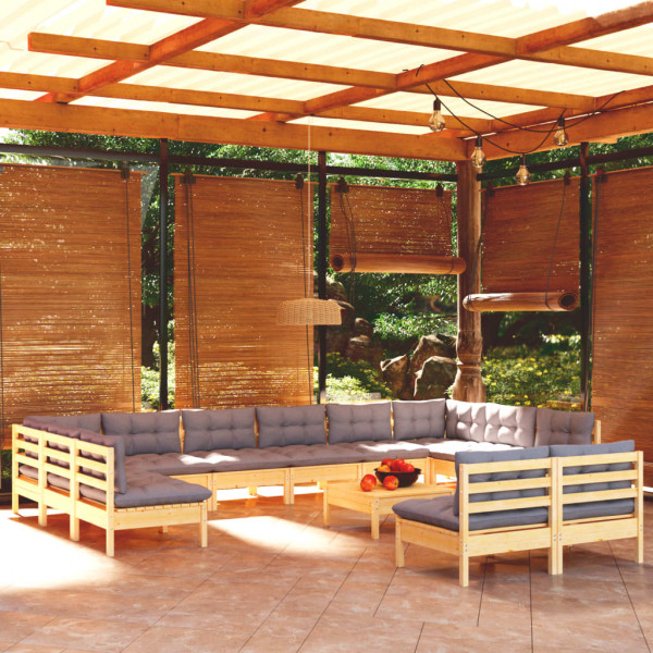 Muebles de jardín 13 pzas y cojines madera maciza de pino gris D
