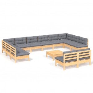 Muebles de jardín 13 pzas y cojines madera maciza de pino gris H