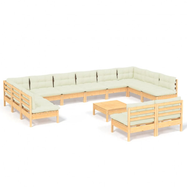 13 pcs conjunto lounge jardim c/ almofadões creme pinho maciço M 2