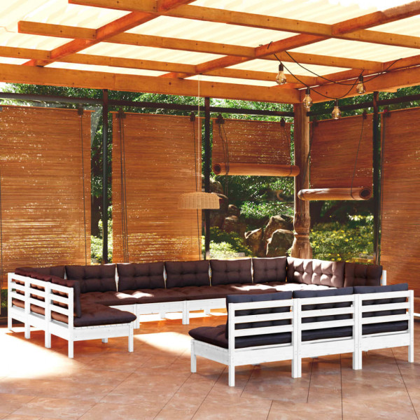 Muebles de jardín 13 pzas y cojines blanco madera maciza pino D