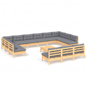 Muebles de jardín 14 pzas y cojines gris madera maciza de pino H