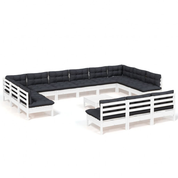 Muebles de jardín 14 pzas y cojines blanco madera maciza pino M 2