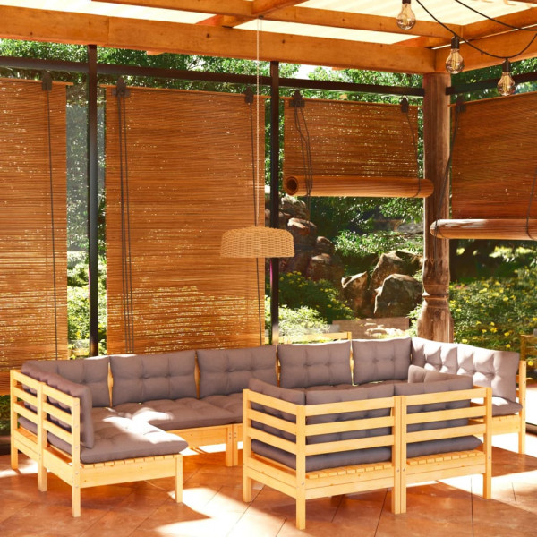 Juego de muebles de jardín 9 pzas y cojines madera maciza pino D