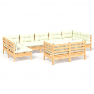 9 pcs conjunto lounge jardim c/ almofadões creme pinho maciço H
