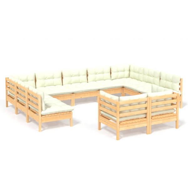 11 pcs conjunto lounge jardim c/ almofadões creme pinho maciço D