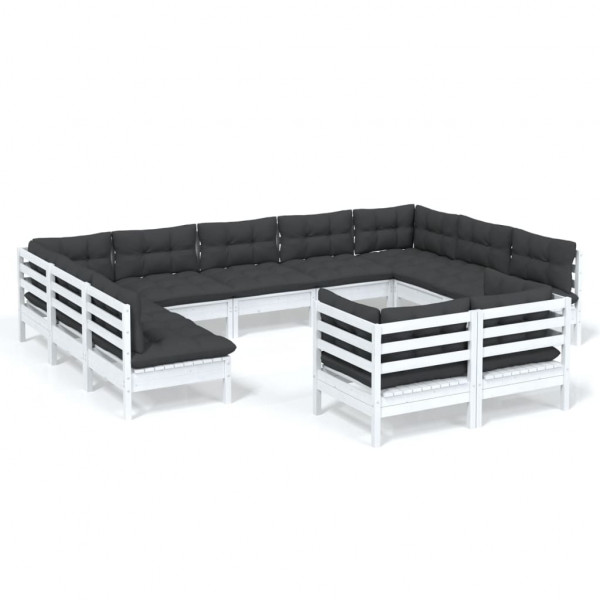 Muebles de jardín 11 pzas y cojines blanco madera maciza pino D