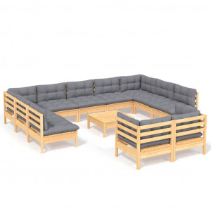 12pcs conjunto lounge de jardim + almofadões cinza pinho maciço H