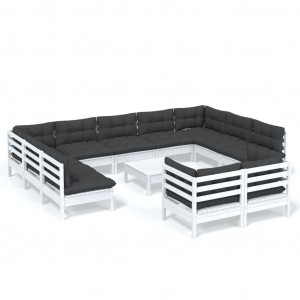 12 pcs conj. lounge de jardim c/ almofadões pinho maciço branco H