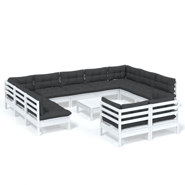 Muebles de jardín 12 pzas con cojines blanco madera maciza pino M 2