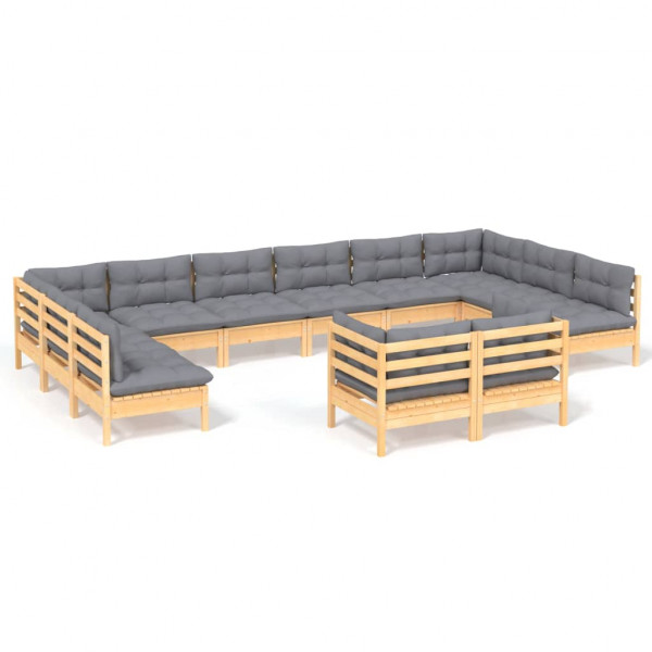 12pcs conjunto lounge de jardim + almofadões cinza pinho maciço M 2