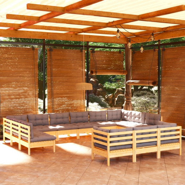 Juego de muebles de jardín 13 pzas y cojines madera pino gris D