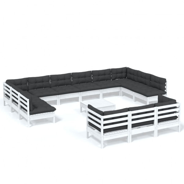 14 pcs conjunto lounge de jardim c/ almofadões pinho branco M 2