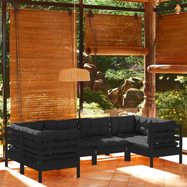 6 pcs conjunto lounge de jardim c/ almofadões pinho preto D