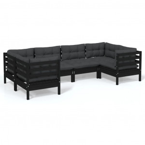 6 pcs conjunto lounge de jardim c/ almofadões pinho preto H