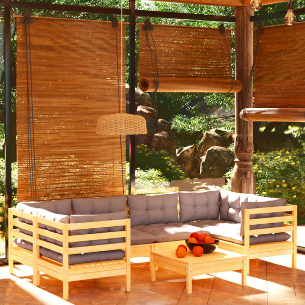 7 pcs conjunto lounge de jardim c/ almofadões cinzentos pinho D