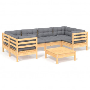 7 pcs conjunto lounge de jardim c/ almofadões cinzentos pinho H