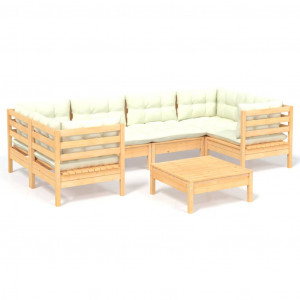 7 pcs conjunto lounge de jardim c/ almofadões cor creme pinho H