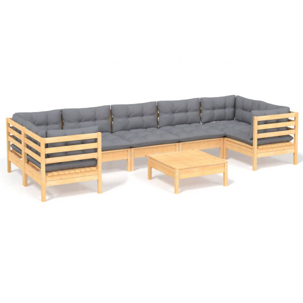 Juego de muebles de jardín 8 pzas y cojines madera pino gris M 2
