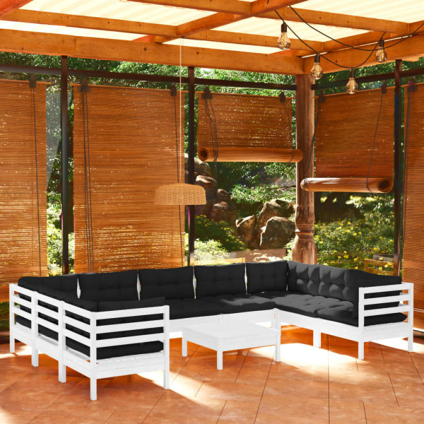 Muebles de jardín 10 pzas con cojines blanco madera de pino D