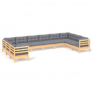 10 pcs conjunto lounge de jardim c/ almofadões cinzentos pinho H
